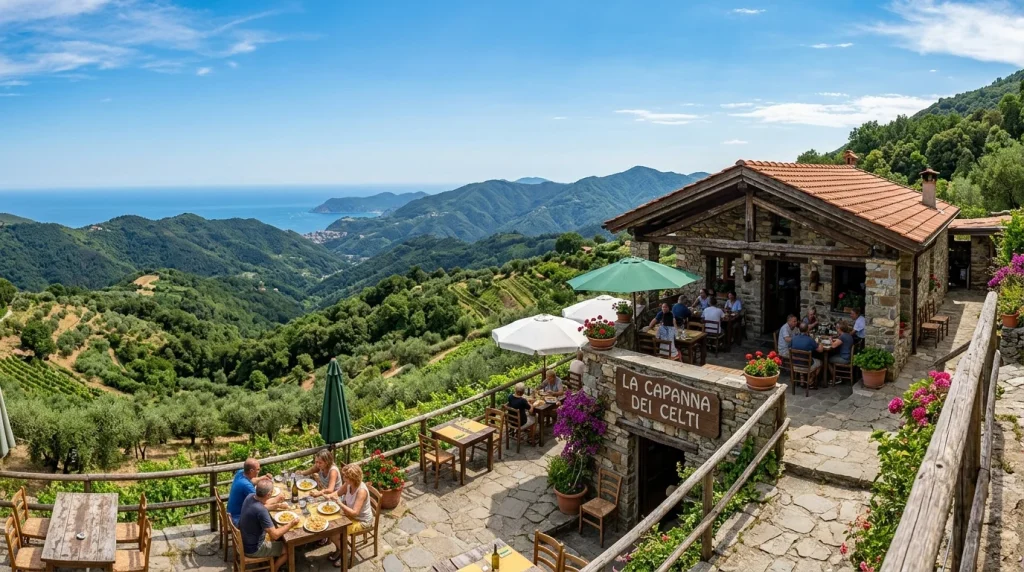 Terrazza panoramica del ristorante La Capanna dei Celti con vista sui monti e mare della Liguria
