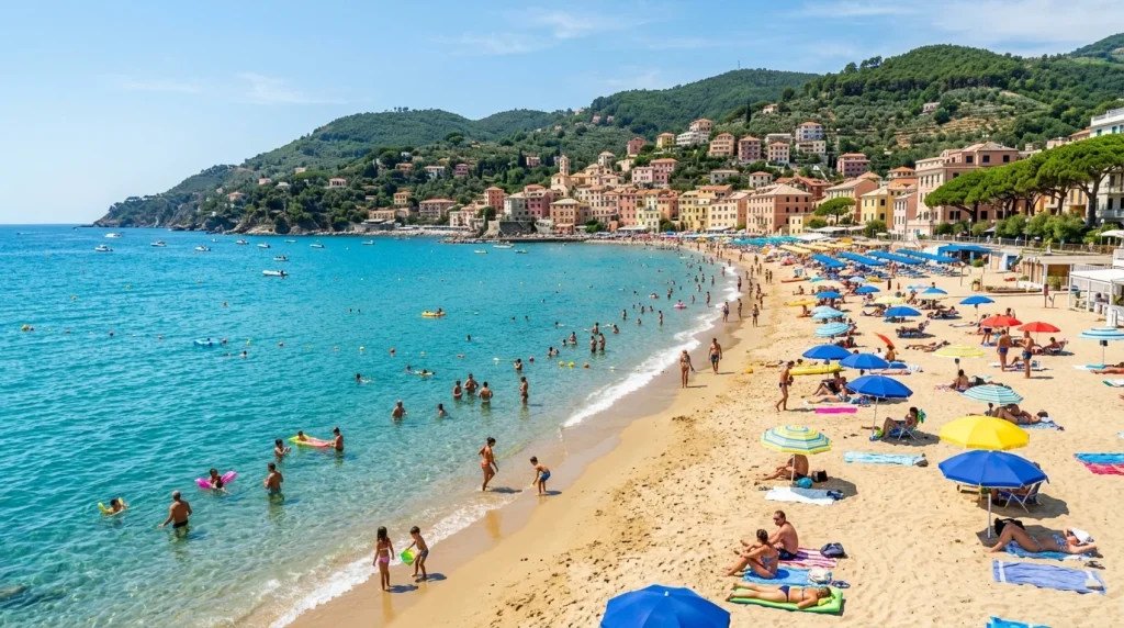 Spiaggia libera di sabbia dorata con bagnanti a Celle Ligure