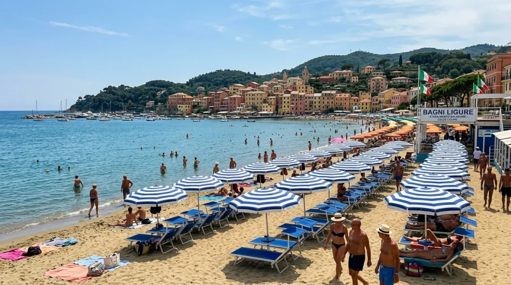 Spiaggia e ombrelloni a righe dello stabilimento Bagni Ligure a Celle Ligure