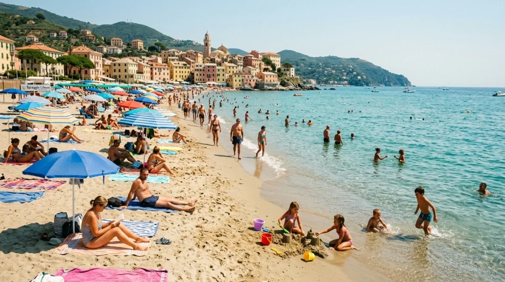 Bagnanti e ombrelloni sulla spiaggia libera dorata di Celle Ligure