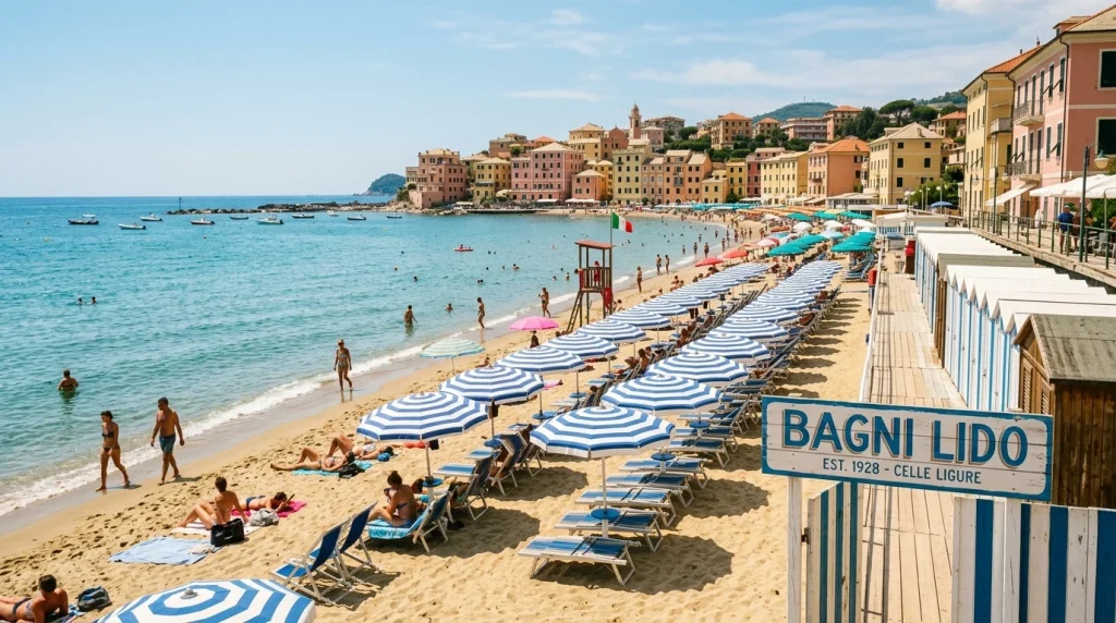 Stabilimento balneare Bagni Lido a Celle Ligure con ombrelloni e sabbia dorata