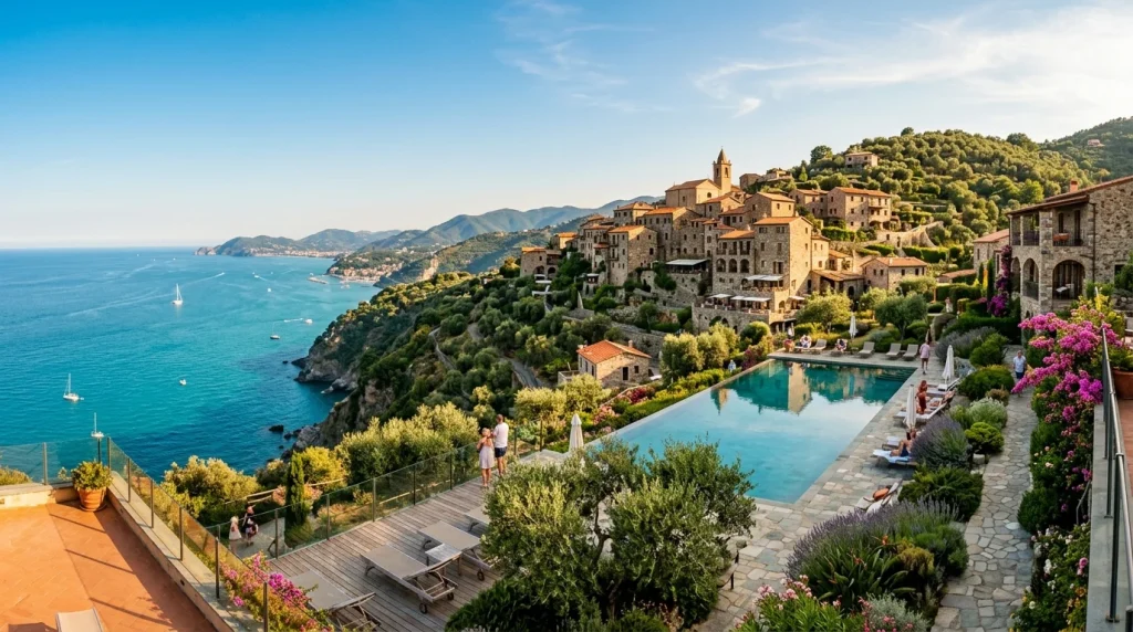 Panoramica estiva di Borgo dei Gabbiani a Magliolo con piscina a sfioro e vista mare