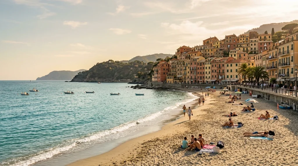 Spiaggia libera sabbiosa a Celle Ligure al tramonto con borgo marinaro